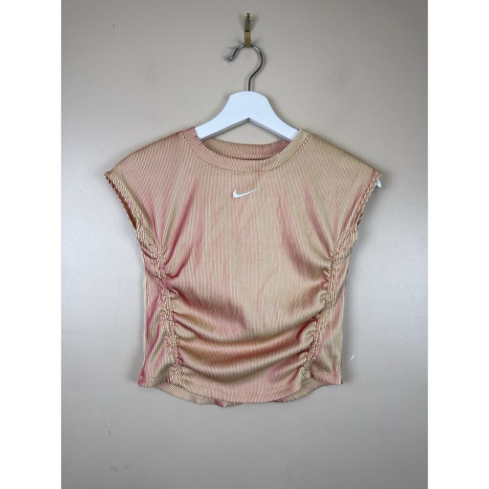 Nike Girls Size L 6-7 Top Iridescent Striped Ruched Side Tee Shirt Activewear
